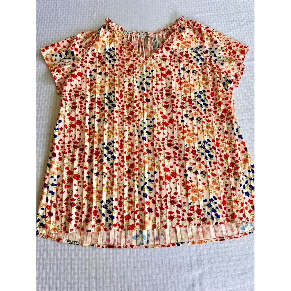 Noracora Floral Pleated Blouse XXL Multicolor Poppy Print Cottagecore V-Neck Top